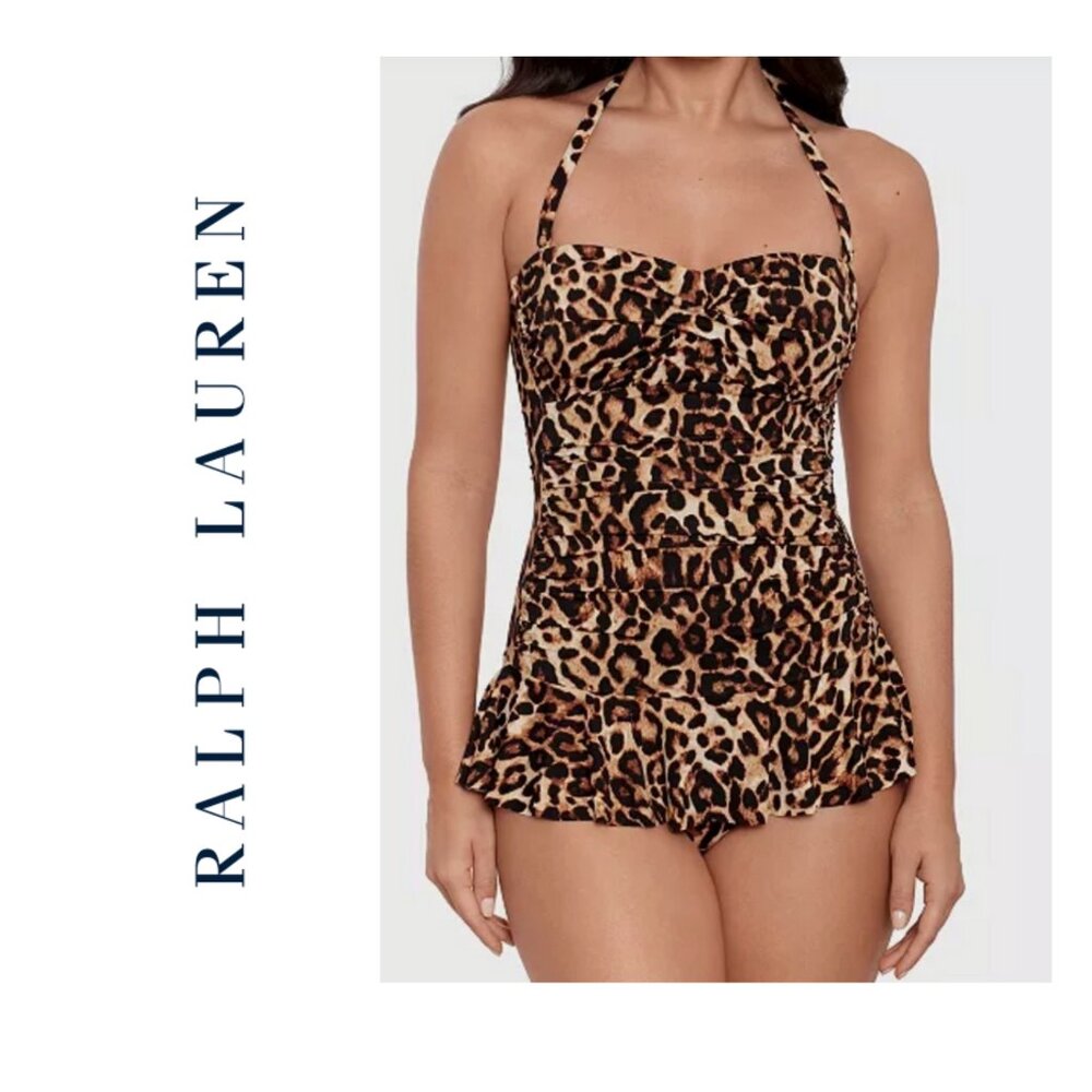 Ralph Lauren Skirted Leopard Twist-Front Bandeau One-Piece Swimsuit Size 14
